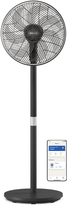 (opens in the same window) Вентилатор на стойка Philips до мини икони на приложението Philips Air+ на светлосин фон.